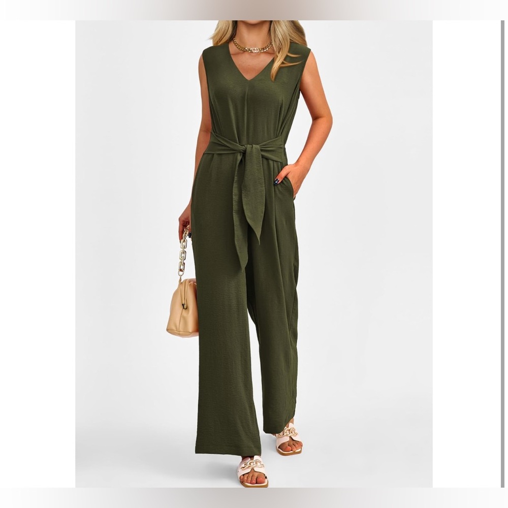 PrettyGarden Wide Leg Jumpsuit V-Neck Belted Long pants romper XL - Picture 2 of 12